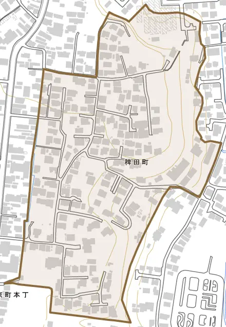稗田町とその周辺の地図。町の範囲を重ねている