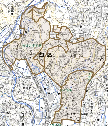 池田とその周辺の地図。町の範囲を重ねている
