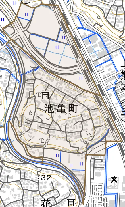 池亀町とその周辺の地図。町の範囲を重ねている