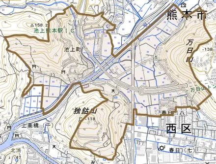 池上町とその周辺の地図。町の範囲を重ねている