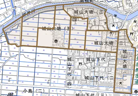 城山大塘とその周辺の地図。町の範囲を重ねている
