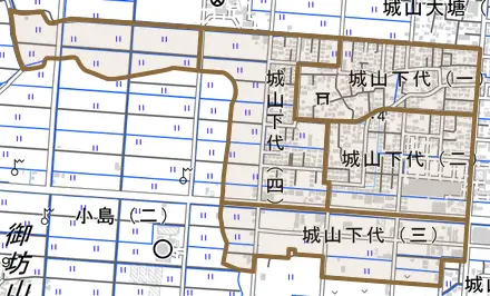 城山下代とその周辺の地図。町の範囲を重ねている
