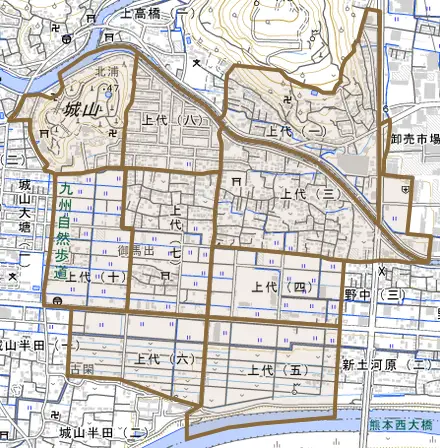 上代とその周辺の地図。町の範囲を重ねている