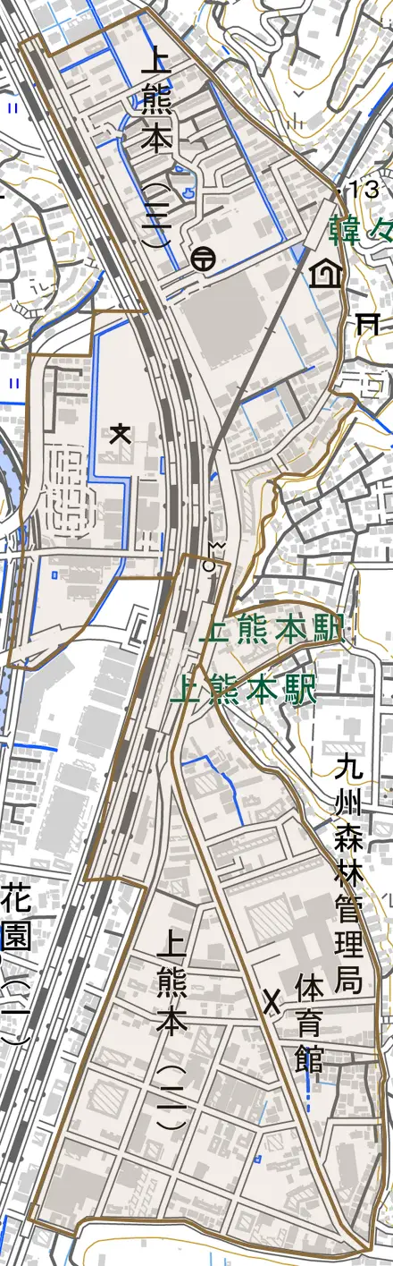 上熊本とその周辺の地図。町の範囲を重ねている