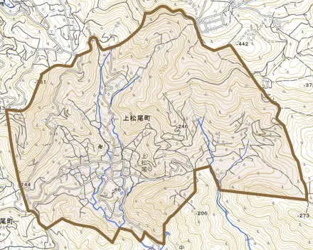 上松尾町とその周辺の地図。町の範囲を重ねている