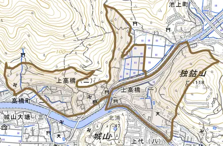 上高橋とその周辺の地図。町の範囲を重ねている