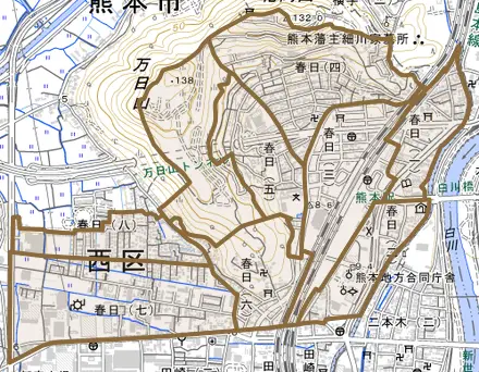 春日とその周辺の地図。町の範囲を重ねている