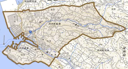 河内町船津とその周辺の地図。町の範囲を重ねている