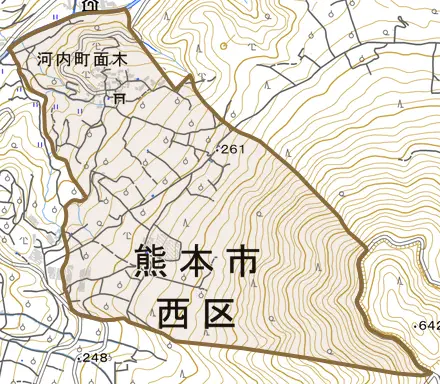 河内町面木とその周辺の地図。町の範囲を重ねている