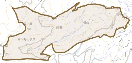 河内町大多尾とその周辺の地図。町の範囲を重ねている