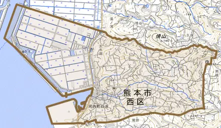 河内町白浜とその周辺の地図。町の範囲を重ねている
