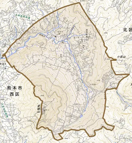 河内町岳とその周辺の地図。町の範囲を重ねている