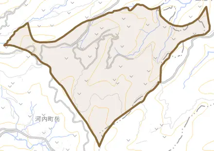 河内町東門寺とその周辺の地図。町の範囲を重ねている