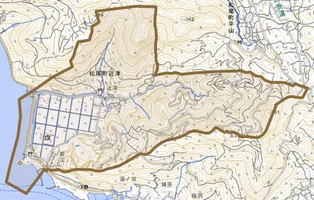 松尾町近津とその周辺の地図。町の範囲を重ねている