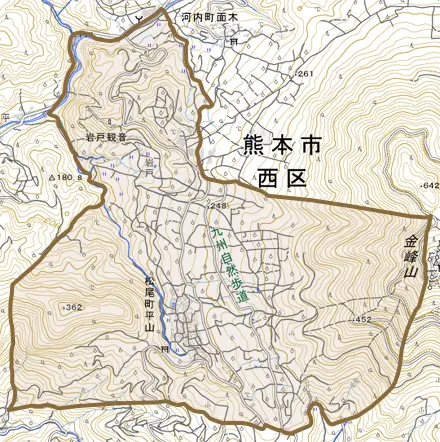 松尾町平山とその周辺の地図。町の範囲を重ねている