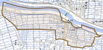 中原町とその周辺の地図。町の範囲を重ねている