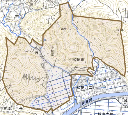 中松尾町とその周辺の地図。町の範囲を重ねている