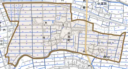 中島町とその周辺の地図。町の範囲を重ねている