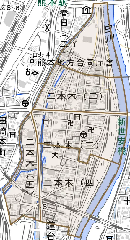 二本木とその周辺の地図。町の範囲を重ねている