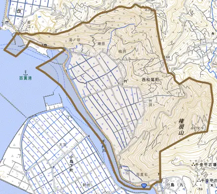 西松尾町とその周辺の地図。町の範囲を重ねている