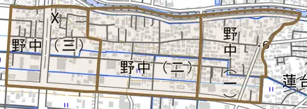 野中とその周辺の地図。町の範囲を重ねている