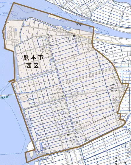 沖新町とその周辺の地図。町の範囲を重ねている