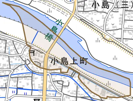 小島上町とその周辺の地図。町の範囲を重ねている