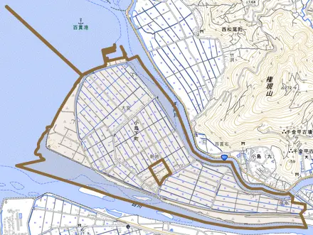 小島下町とその周辺の地図。町の範囲を重ねている