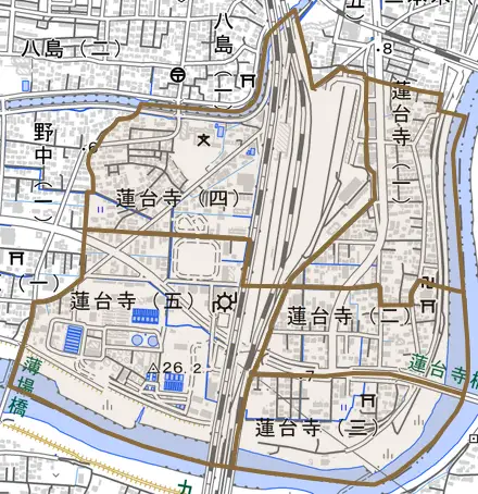 蓮台寺とその周辺の地図。町の範囲を重ねている