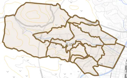 島崎とその周辺の地図。町の範囲を重ねている