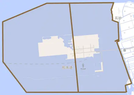 新港とその周辺の地図。町の範囲を重ねている