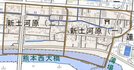 新土河原とその周辺の地図。町の範囲を重ねている