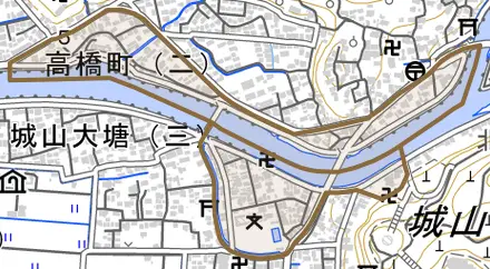 高橋町とその周辺の地図。町の範囲を重ねている