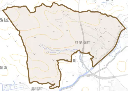 谷尾崎町とその周辺の地図。町の範囲を重ねている