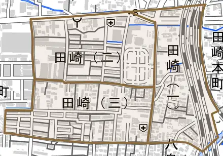 田崎とその周辺の地図。町の範囲を重ねている
