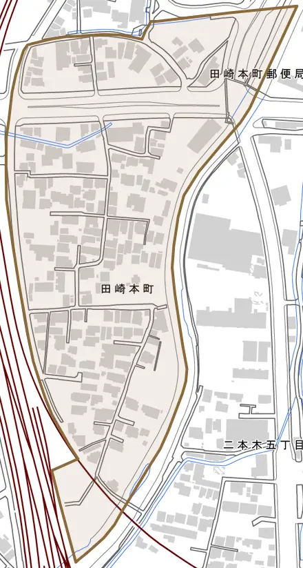 田崎本町とその周辺の地図。町の範囲を重ねている