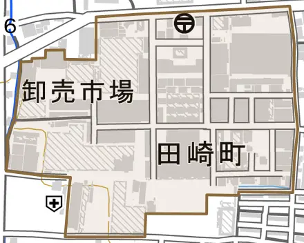 田崎町とその周辺の地図。町の範囲を重ねている