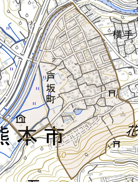 戸坂町とその周辺の地図。町の範囲を重ねている