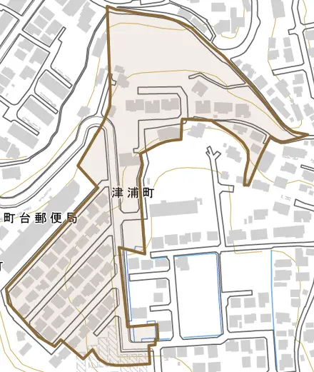 津浦町とその周辺の地図。町の範囲を重ねている