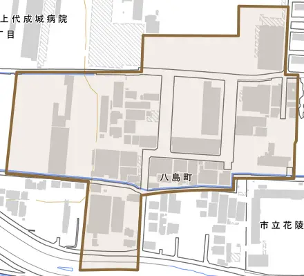 八島町とその周辺の地図。町の範囲を重ねている