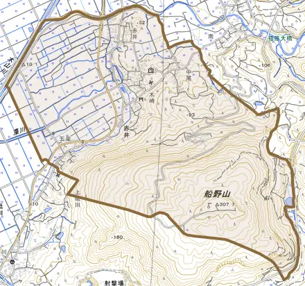 大字赤井とその周辺の地図。町の範囲を重ねている