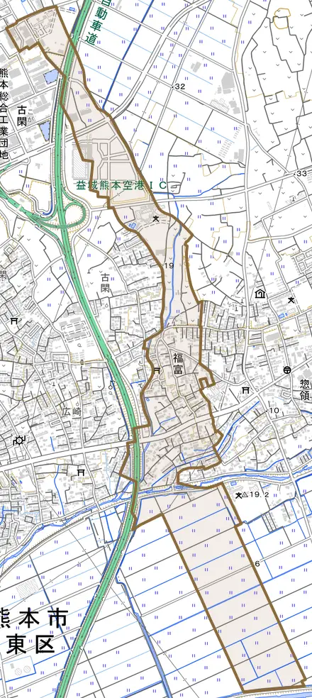 大字福富とその周辺の地図。町の範囲を重ねている