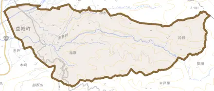 大字福原とその周辺の地図。町の範囲を重ねている