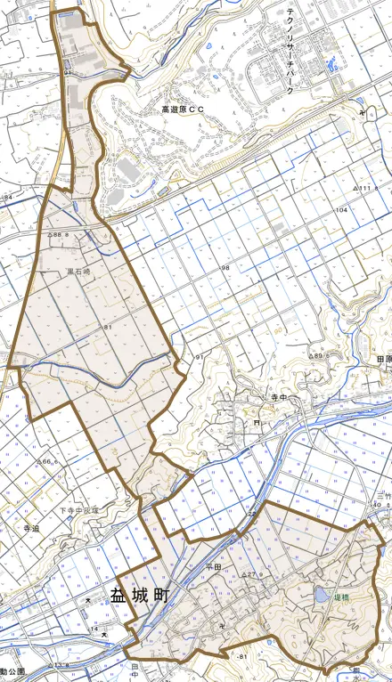 大字平田とその周辺の地図。町の範囲を重ねている
