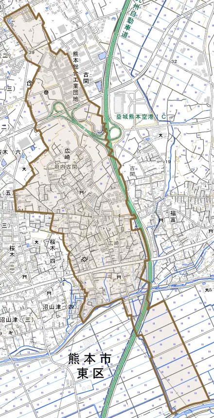 大字広崎とその周辺の地図。町の範囲を重ねている