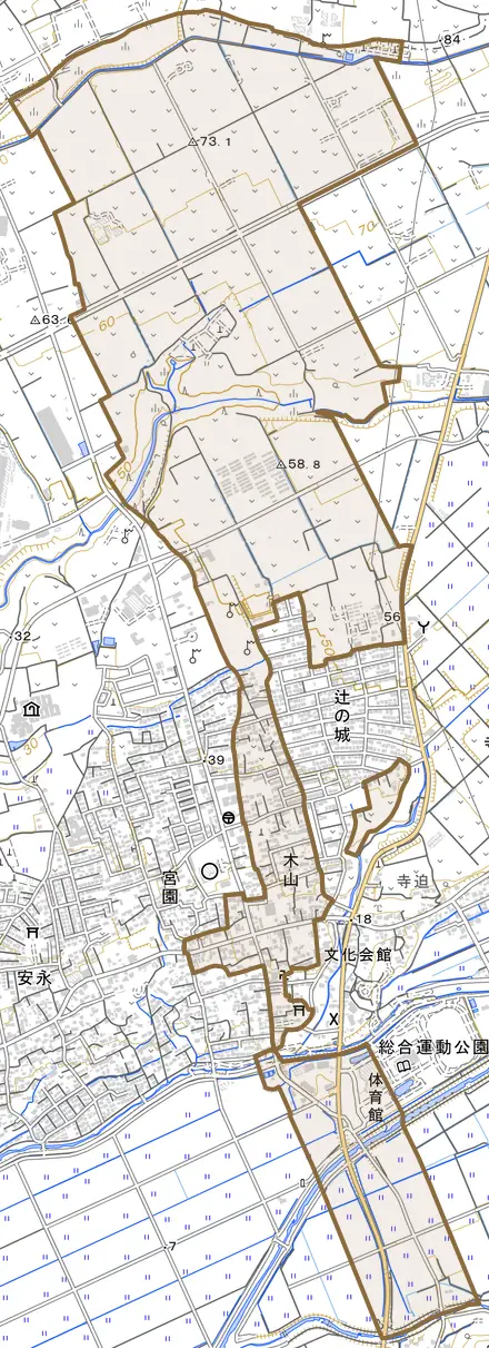 大字木山とその周辺の地図。町の範囲を重ねている