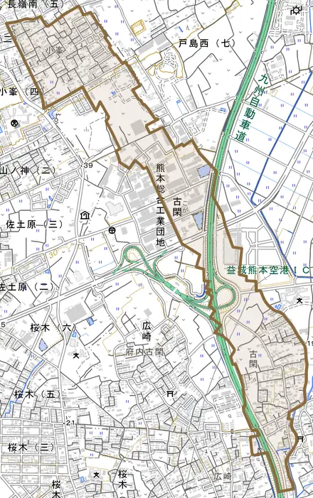 大字古閑とその周辺の地図。町の範囲を重ねている