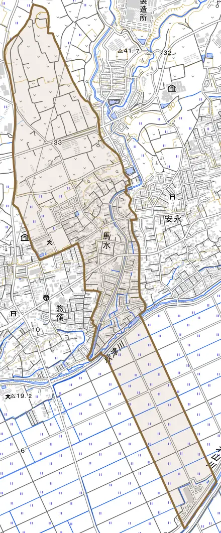 大字馬水とその周辺の地図。町の範囲を重ねている