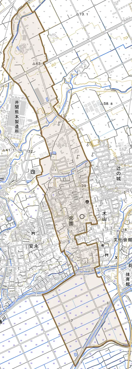 大字宮園とその周辺の地図。町の範囲を重ねている