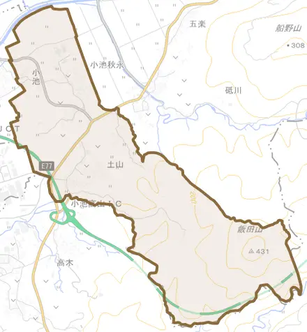 大字小池とその周辺の地図。町の範囲を重ねている